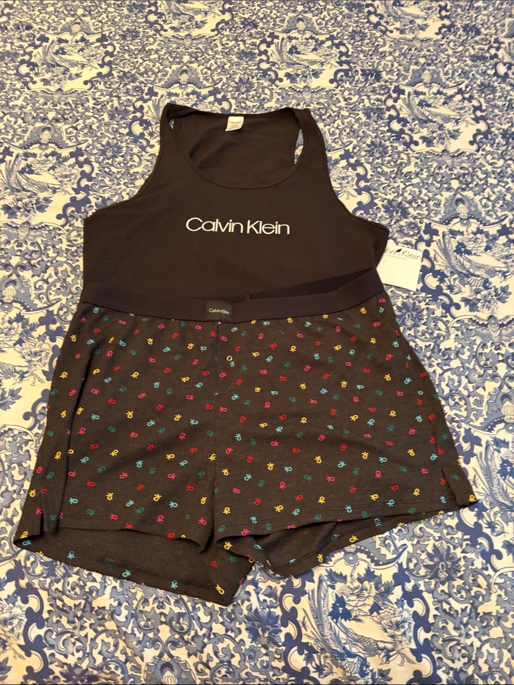 Calvin Klein Black Logo Tank with Black Multicolor Dot Shorts